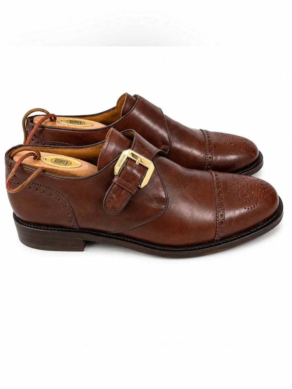 Bruno Magli Platinum Men’s 8.5 Brown Leather Monk Strap Cap Toe Brogue Shoes